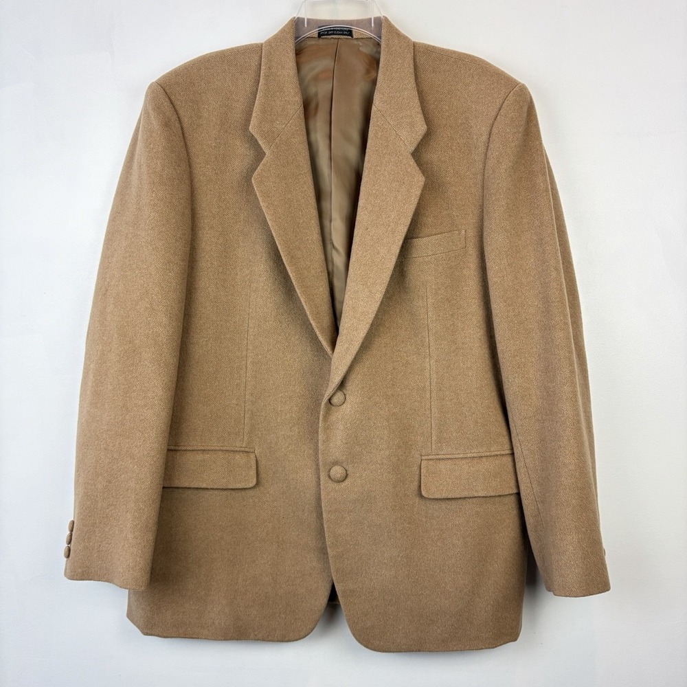 Vintage 90s 100% Camel Hair Blazer Dress Coat Mens 44R Brown Hong Kong Read